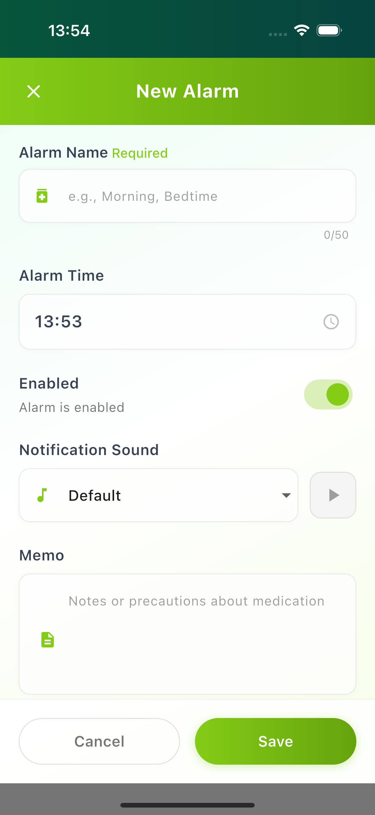 Screenshot of the medication alarm settings screen