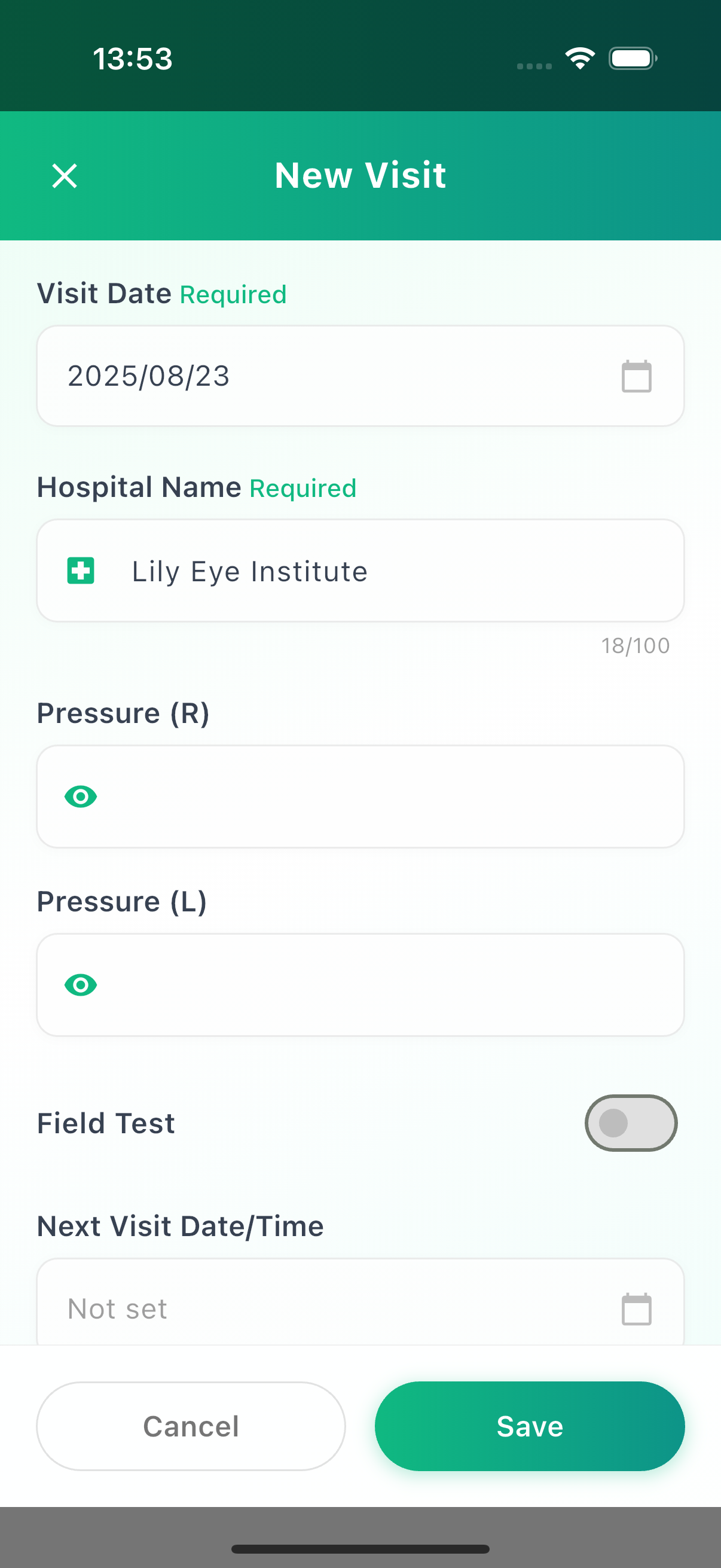 Screenshot of the medical visit input form